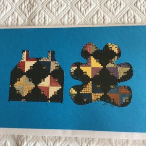 Vintage 4 notitiekaarten met gestikte quiltontwerpen van huis, beer, paard of konijn. Stuur persoonlijke groeten naar een vriend of quiltliefhebber.