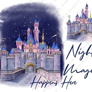 Night Magic Castle Clipart / Sleeping Beauty Castle / Princess Castle / Digital Download  /  Watercolor Clipart / Magic Happens Here Castle