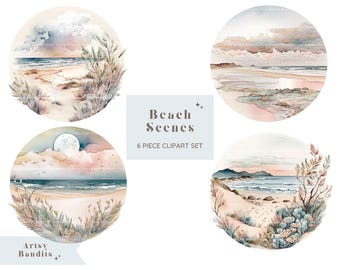 Ensemble de cliparts de scènes de plage | Clipart numérique aquarelle | Graphiques PNG | Utilisation commerciale | Paysages de plage à l'aquarelle | Arrière-plans de plage
