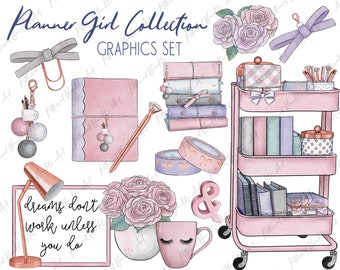 Planner Girl Clipart / Fashion Boss Babe / Handgezeichnetes Aquarell / Girl Boss Büro Clipart / Raskog Cart / Planner Girl Graphics Collection