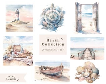 Clipart collection plage | Clipart numérique aquarelle | Ensemble de graphiques PNG | Utilisation commerciale | Clipart plage aquarelle | Arrière-plans de plage