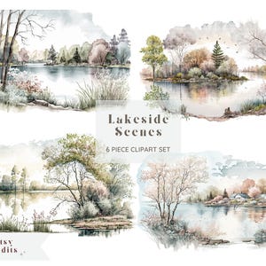 Lakeside Scene Clipart Set | Digital Watercolor Clip Art | PNG Graphics Bundle | Commercial Use | Spring Summer Lake art | Lake Background