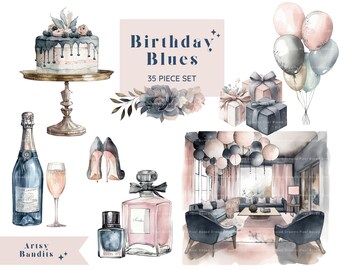 May include: A watercolor illustration set featuring a birthday cake, champagne, perfume bottles, a living room with balloons, and gift boxes. The set includes 35 pieces and is titled "Birthday Blues".