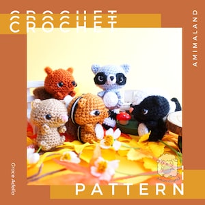 May include: Crochet pattern for five adorable woodland animal amigurumi toys: a raccoon, a squirrel, a skunk, and two chipmunks. The toys are sitting on a bed of autumn leaves. The pattern is available for purchase on Etsy.