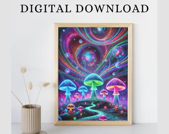Psychedelic Mushroom Poster Spiritual Artwork Cosmic Fantasy Neon Wall Art Printable Colourful Trippy Print Home Decor Digital Download