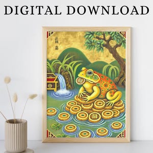 May include: A digital download of a painting depicting a green and yellow frog sitting on a pile of gold coins. The frog is holding a gold coin in its mouth. The painting is set against a background of green hills, a waterfall, and a small wooden house. The Chinese characters "吉利" are written in red on the painting.
