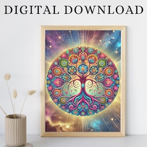 Colorful Tree of Life Poster Spiritual Printable Wall Art Esoteric Print Zen Garden Meditation Room Decor Calming Artwork Digital Mandala