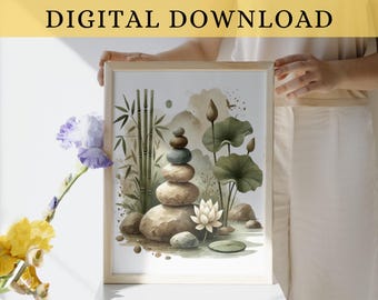 Zen Stones Wall Art Spiritual Printable Poster Esoteric Print Zen Garden Meditation Bathroom Decor Calming Gift Artwork Digital Download