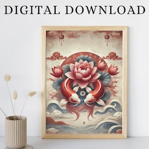 Puede incluir: Descarga digital de una pintura que representa dos peces koi rojos nadando alrededor de una flor de loto rosa. El fondo es beige claro con nubes y linternas rojas.