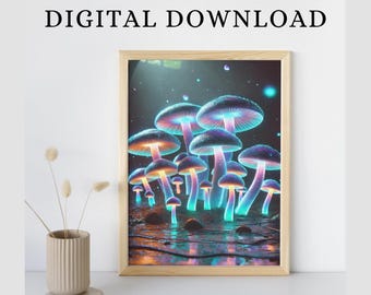 Psychedelic Glowing Mushroom Poster Spiritual Artwork Fantasy Neon Wall Art Printable Colourful Trippy Print Home Decor Digital Download