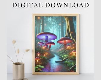 Fantasy Forest Psychedelic Glowing Mushroom Poster Spiritual Artwork Neon Wall Art Printable Colourful Print Home Decor Digital Download