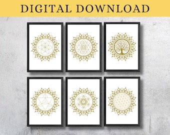 Sacred Geometry Printable Poster Spiritual Wall Decor Mandala Zen Wall Art Tree of Life White Gold Metatron's Cube Merkaba Digital Download