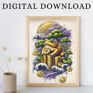 May include: A digital illustration of a golden frog sitting on a stack of gold coins. The frog is surrounded by purple and green clouds, and the background is a light beige color. The image is framed in a light wood frame.