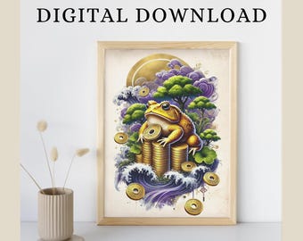 Feng Shui Money Three Legged Frog Coin Toad Poster Wealth Corner Spiritual Printable Wall Art Colorful Home Decor Artwork Digital Download