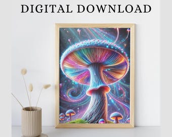 Psychedelic Mushroom Poster Spiritual Artwork Cosmic Fantasy Neon Wall Art Printable Colourful Trippy Print Home Decor Digital Download