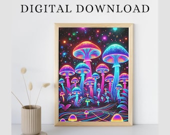Psychedelic Mushroom Forest Poster Spiritual Artwork Fantasy Neon Glow Wall Art Printable Colourful Trippy Print Home Decor Digital Download