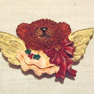 Christmas Angel Bear Lapel Pin Wood Brooch Holiday Pinback Collectible Button