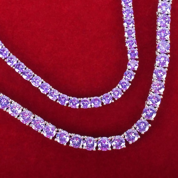 4mm Iced Out Solitaire Purple Amethyst Stone Tennis Chain Necklace / Gift for Her / Gift for Him