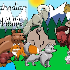 May include: A colorful illustration featuring various Canadian wildlife animals. The image includes a bear, fox, beaver, wolf, bighorn sheep, cougar, bison, and rabbit, set against a backdrop of mountains, trees, and a blue sky. Text reads "Canadian Wildlife."