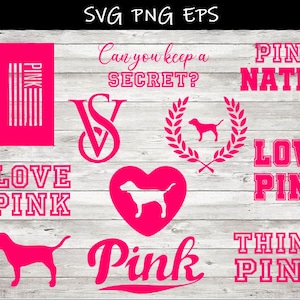 May include: A collection of pink graphic designs on a light wood grain background. The designs include text that says "PINK", "PINK NATION", "LOVE PINK", and "THINK PINK". Other graphics include a dog silhouette, a heart with a dog silhouette, and the text "Can you keep a SECRET?"