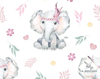 Fabric by the meter Elephants with feathers Pink Oeko-Tex certified- Creation La Mercerie des Princesses- Cotton, Jersey, French Terry, Waterproof