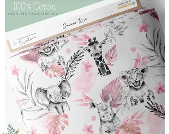 On Pre-Order - Pink Savanna fabric 100% Oeko-Tex premium cotton 153g animals of the Savannah: Lion cub, Elephant, Monstera