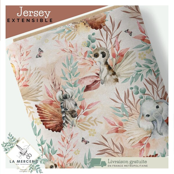 JERSEY Tissu Terracotta Tropic Oeko-Tex 200g lisse, aéré et extrêmement agréable au toucher animaux de la Savane