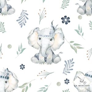 Tessuto al metro Elefante con piume Certificato Oeko-Tex - Creazione per bambini La Mercerie des Princesses Cotone, Jersey, French Terry, Impermeabile