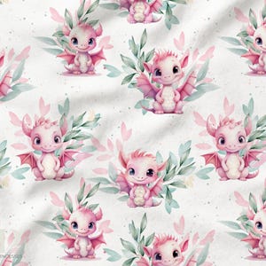 Tissu au mètre Petits Dragons Rose et vert Certifié Oeko-Tex - La Mercerie des Princesses- Coton, Jersey, French Terry, Imperméable