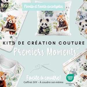 Peut inclure: Un kit de couture avec un thème panda et koala eucalyptus. Le kit comprend du tissu, des patrons et des instructions pour réaliser une bavette pour bébé, un oreiller et un bavoir. Le kit est intitulé "KITS DE CRÉATION COUTURE "Premiers Moments" et "Facile à coudre! Coffret DIY - À coudre soi-même".