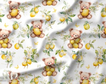 Bear Lemon Fabric, Tissu Ourson Citron, Baby Bear Fabric, Lemon Floral Fabric, Yellow Watercolor Fabric, Oeko Tex Cotton, Nursery Fabric
