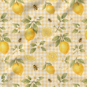 May include: A seamless pattern featuring yellow lemons, white blossoms, and bees on a yellow and white gingham background.