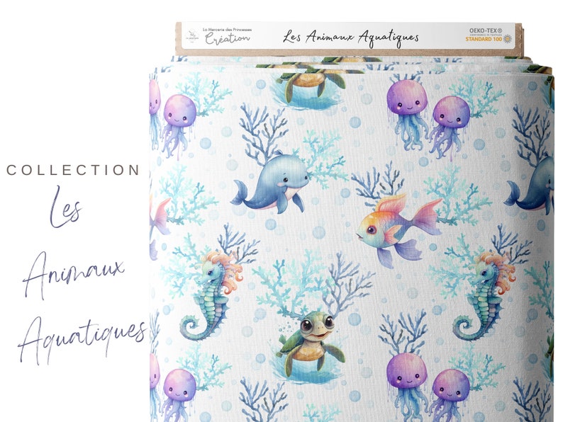 Tissu au mètre Animaux Aquatiques Certifié Oeko-Tex Création enfant La Mercerie des Princesses Coton, Jersey, French Terry, Imperméable image 2