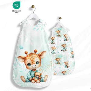 Panneau Tissu pour gigoteuse motif Bébé Girafe Pastel Vert D'eau à coudre en coton 153g OEKO-TEX® - Projet DIY couture bébé entre 50 et 80cm
