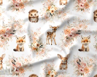 Floral Woodland Animals Fabric, Floral Wonders Fabric, Baby Animal Fabric, Soft Watercolor, Oeko Tex Cotton, Nursery Fabric, Kids Fabric