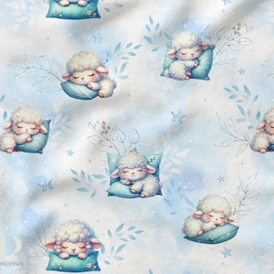 Tessuto al metro Baby Sheep Pastel Blue Certificato Oeko-Tex - La Mercerie des Princesses - Cotone, Jersey, French Terry, Impermeabile