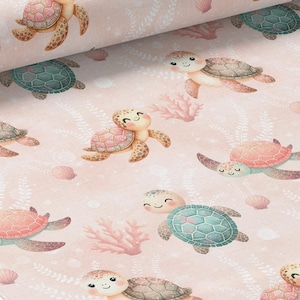 Tessuto al metro Tartarughe Corallo Oeko-Tex animali marini di La Mercerie des Princesses - Cotone, Jersey, French Terry, Impermeabile