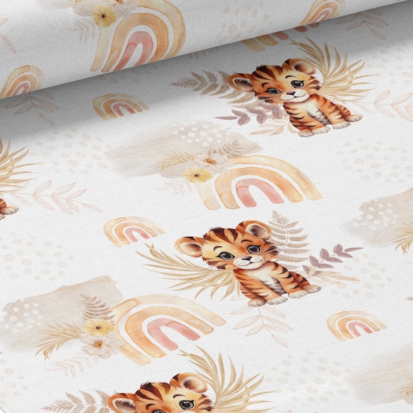 Tissu Coton Savane Bébé Tigre Boho de la Mercerie des Princesses Idéal pour une Création mixte Enfant et Bébé thème safari, jungle, monstera