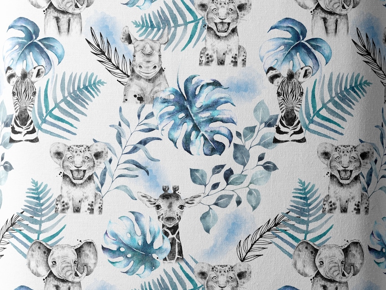 Tissu Coton Savane Bleu de la Mercerie des Princesses Idéal pour une Création mixte Enfant et Bébé thème Savane, Lionceau, Éléphant, bleu image 4