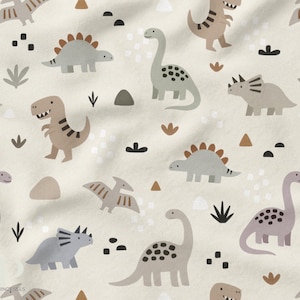 Dinoland Oeko-Tex pastel dinosaurus katoenen stof – T-Rex, triceratops, brontosaurus – Babyjongenscreatie, kinderdecoratie – Verkocht per meter