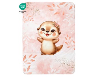 Baby Otter Pastel Coral Cotton Fabric Remnant, Oeko-Tex certified - Ideal for making a baby blanket