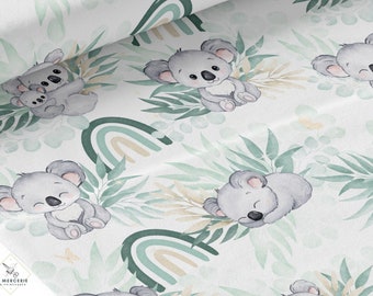 Wassergrüner Koala-Baumwollstoff von Mercerie des Princesses – ideal für eine gemischte Kinder- und Babykreation mit einem wassergrünen Koala-Motiv, Eukalyptus