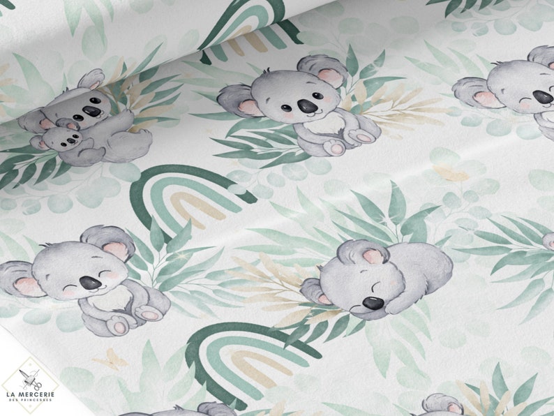 Tissu Coton Koala Vert d'eau de la Mercerie des Princesses Idéal pour une Création mixte Enfant et Bébé thème Koala vert d'eau, eucalyptus image 1