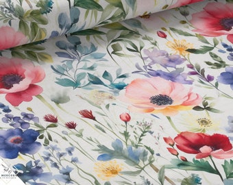 Tissu au mètre Fleurs des champs aquarelle Certifié Oeko-Tex - La Mercerie des Princesses- Coton, Jersey, French Terry, Imperméable