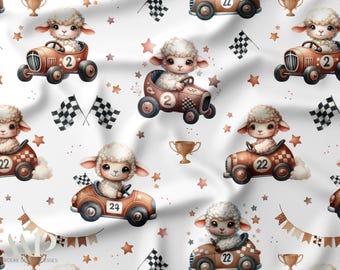 Race Car Sheep Fabric, Tissu Mouton Voiture, Sheep Nursery Fabric, Vintage Watercolor, Oeko Tex Cotton, Kids Fabric, Baby Sewing Fabric