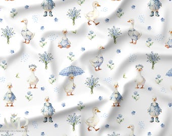 Poetic Geese & Forget-Me-Nots Fabric, Geese and Forget-me-not Fabric, Watercolor Floral Cotton Fabric, Cottagecore Sewing Fabric, Oeko-Tex Cotton