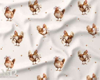 Hen Fabric, Tissu Poule Rousse, Chicken Fabric, Farmhouse Fabric, Watercolor Fabric, Oeko Tex Cotton, Country Fabric