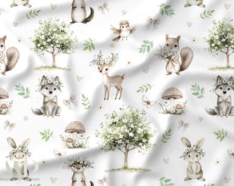 Woodland Animal Fabric, Tissu Spring Forest, Forest Animals Fabric, Watercolor Fabric, Oeko Tex Cotton, Baby Fabric, Nursery Fabric, Kids