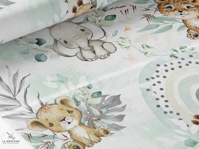 Tissu Coton Safari Babies Vert de la Mercerie des Princesses Idéal pour une Création mixte Enfant et Bébé thème Panda Roux, eucalyptus image 1