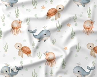 Sea Turtle Fabric, Whale & Jellyfish Fabric, Ocean Nursery Fabric, Watercolor Sea Life Fabric, Oeko Tex Cotton, Sewing Fabric, Coastal Decor